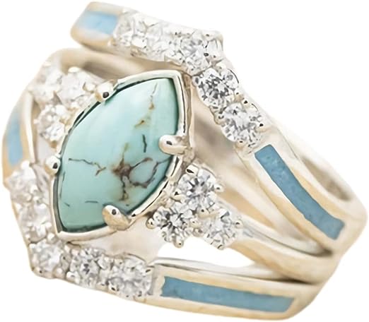 3 PCS Ring Set Natural Turquoise Diamond Rings Turquoise Silver Color Rings for Women Turquoise Jewelry Sparkling Natural Gemstone