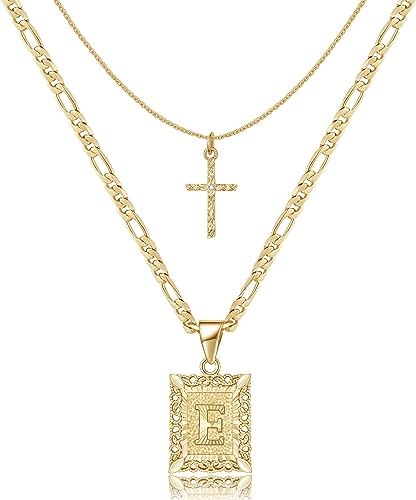 Gold Layered Initial Cross Necklace, 14K Gold Plated Layering Square Letter Pendant Figaro Chain Cross Choker from A-Z Capital Jewelry for Women Girls