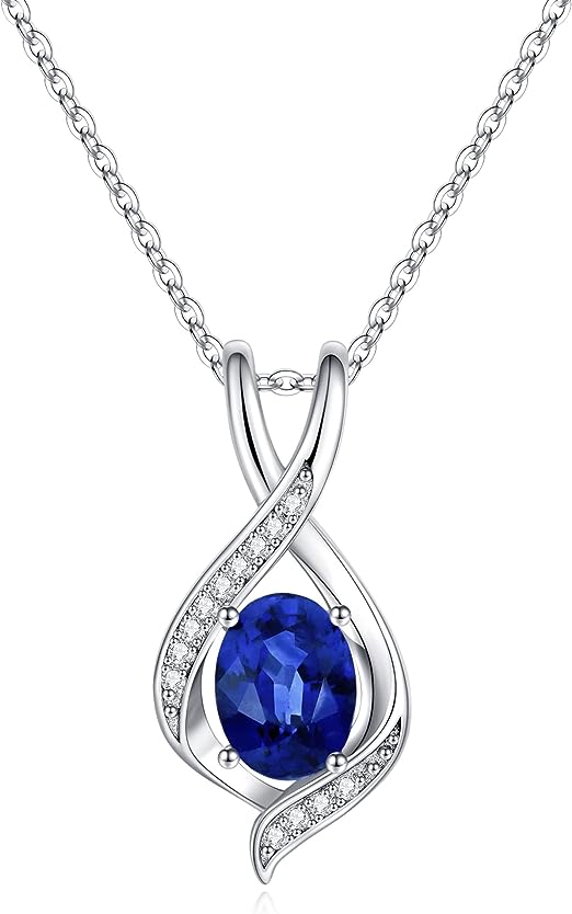 Birthstone Necklace for Women Mom, 18K White Gold Plated Solid S925 Sterling Silver Oval Cut Sparkle Birthstone Pendant Necklace Genuine or Created Gemstone Necklace Birthstone Charms for Women Mom