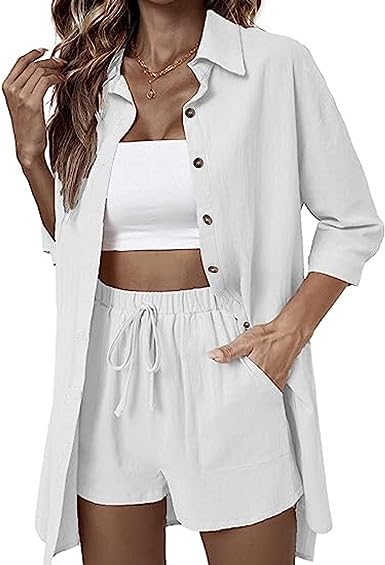 Women 2 Piece Outfit Sets Cotton Linen Button Down Shirt and Shorts Lounge Tracksuit Sets